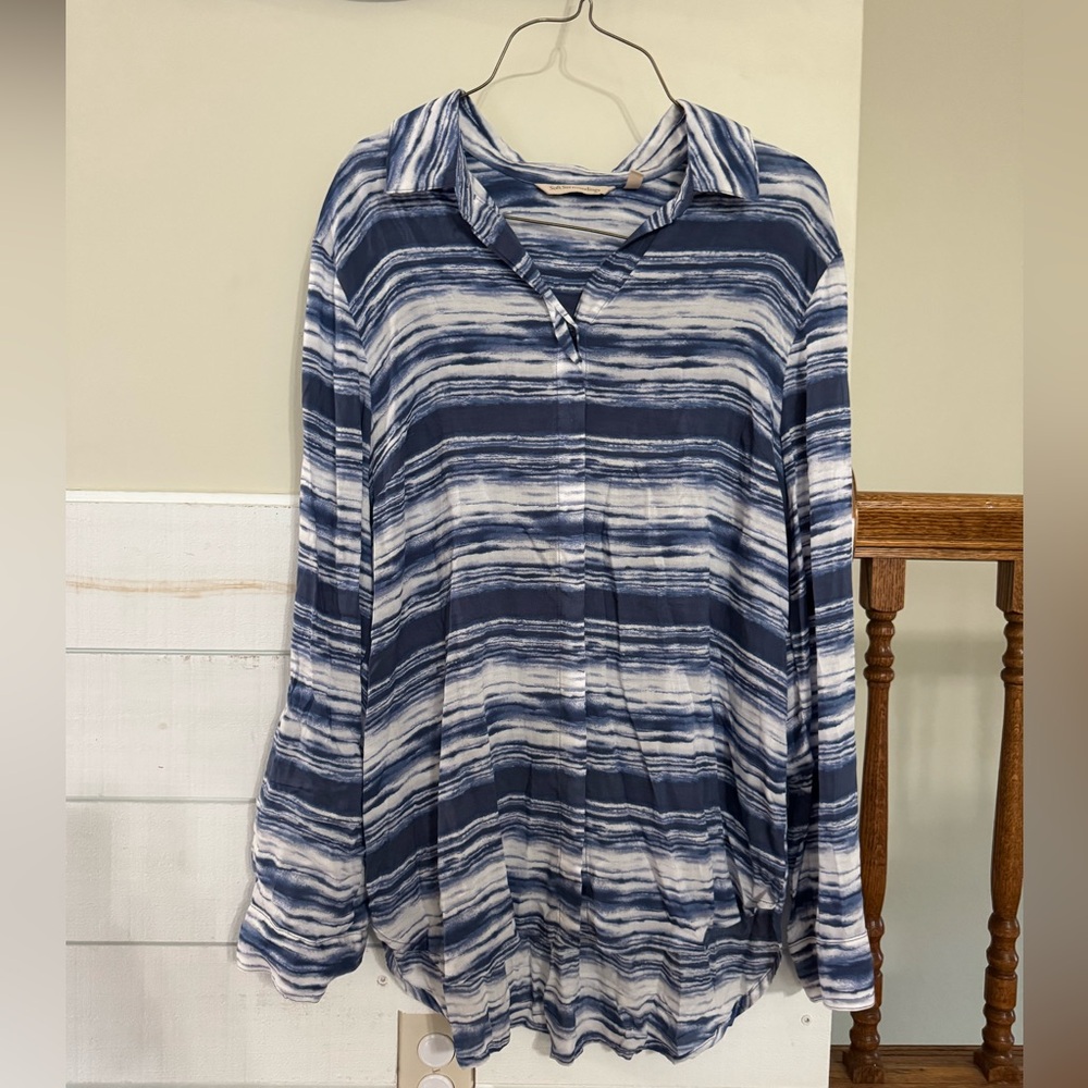 Soft Surroundings Medium Blue White Stripe ButtonUp Blouse Tunic Top Lightweight